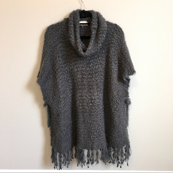 ❌SOLD❌A’reve grey fringe cowl neck sweater poncho Anthro - Picture 2 of 8